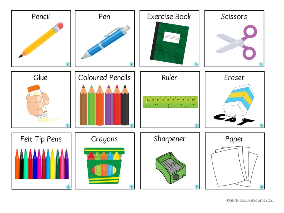 12 school supply picture cards to cut out, including pencil, pen, scissors, glue, ruler, eraser, crayons and sharpener