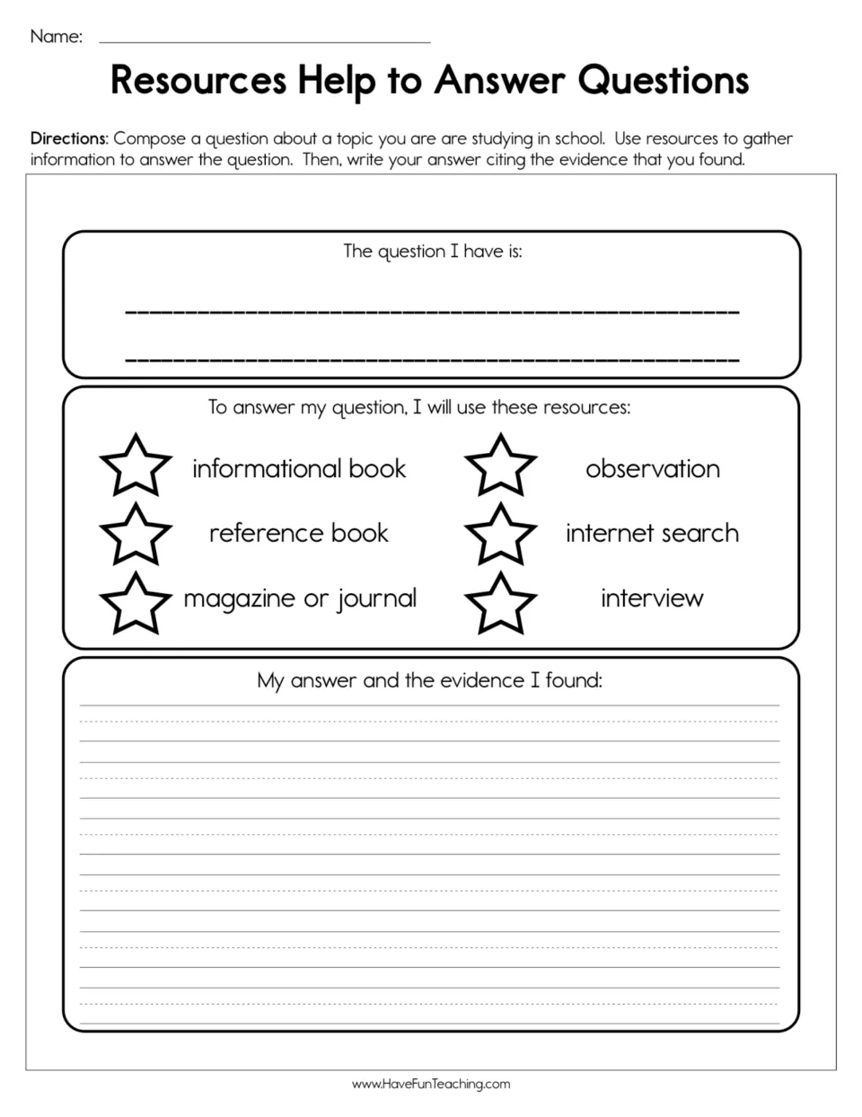 Research worksheet: write a question, choose resources such as books or interviews, and cite answer evidence.
