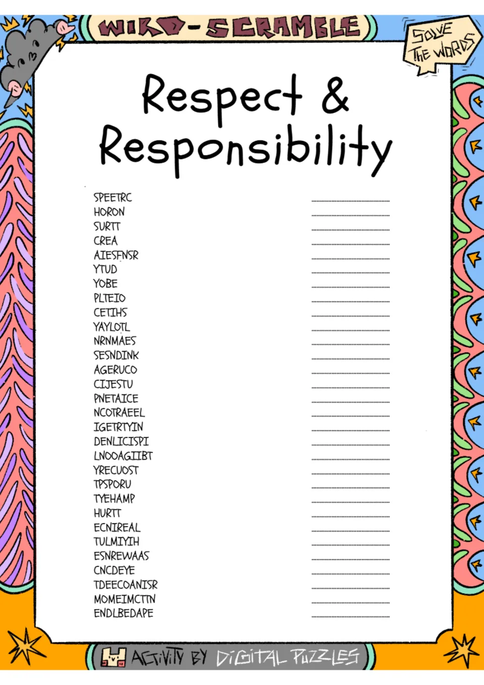 Respect & Responsibility word scramble: students unscramble 30 character-trait words, starting with SPEETRC and HORON