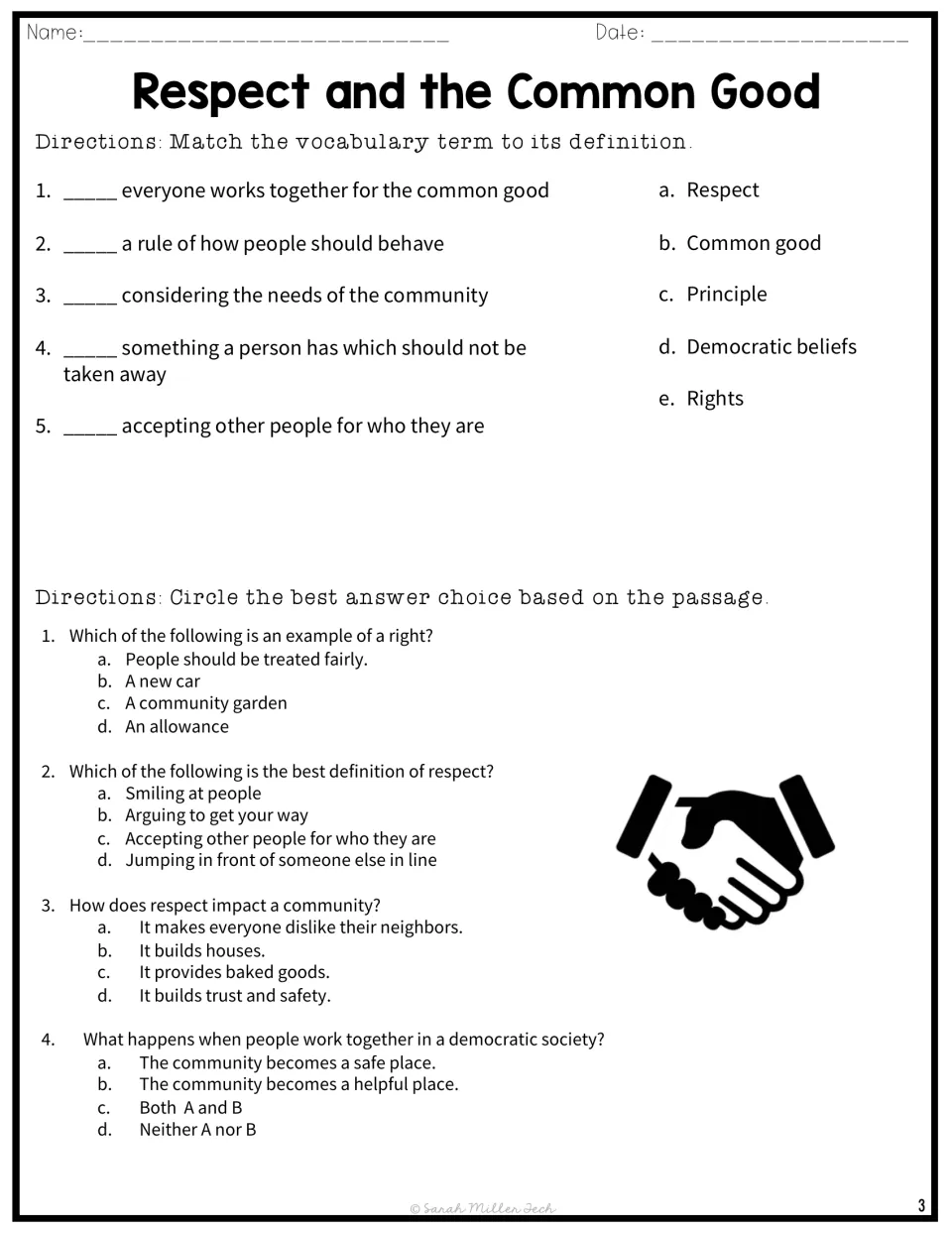 Vocabulary matching of five civics terms to definitions plus four multiple-choice questions on rights and respect