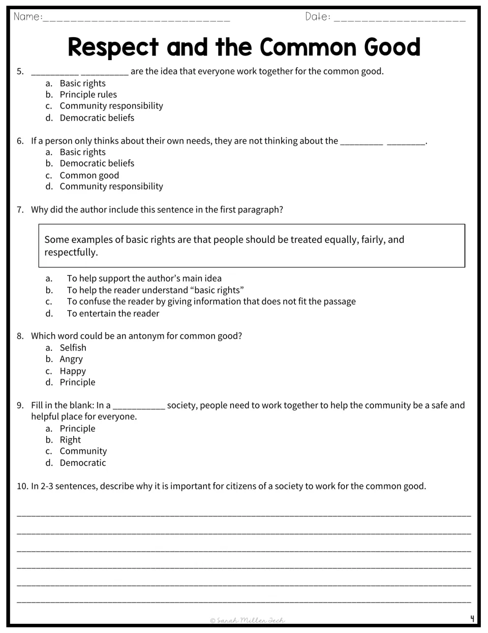 Comprehension questions 5-10: multiple choice on democratic beliefs, author's purpose and antonyms, plus a written response
