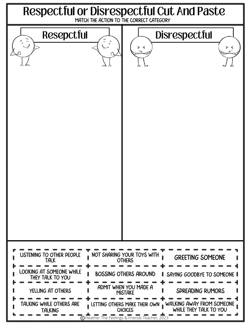 Respect sort, set 1: students cut out 12 action cards such as greeting someone or spreading rumors, then categorize each