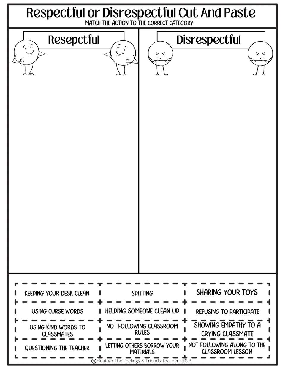 Classroom behavior sort: students cut and paste 12 cards, from keeping your desk clean to using curse words, by category