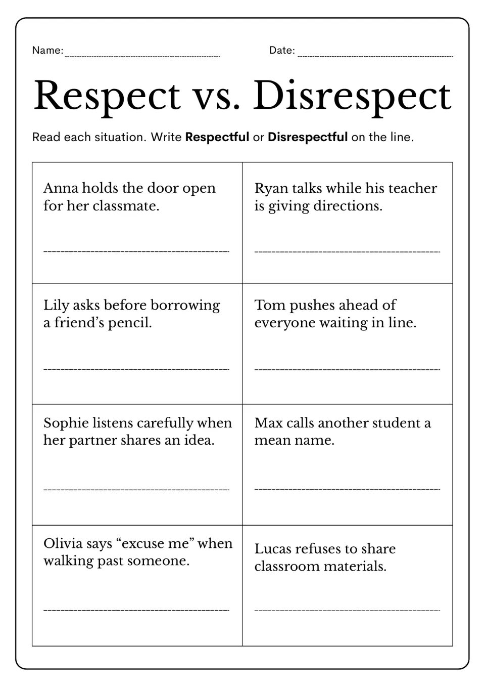Exercise 1: label eight situations respectful or disrespectful, including holding a door and name-calling