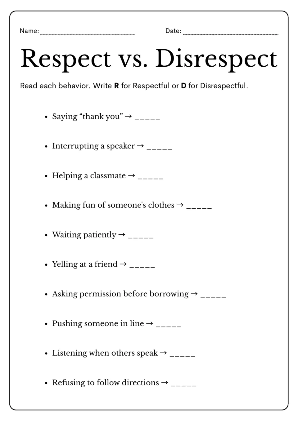Exercise 2: mark 10 behaviors R or D, including saying thank you, interrupting, helping, and waiting patiently
