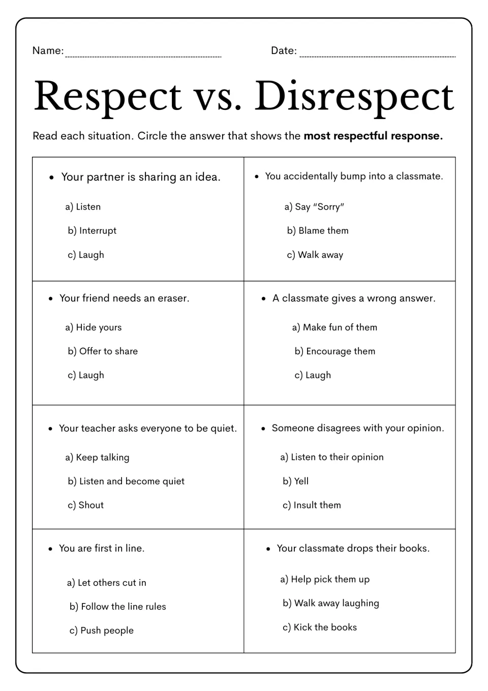 Exercise 3: choose the most respectful response to eight situations, including sharing and disagreements