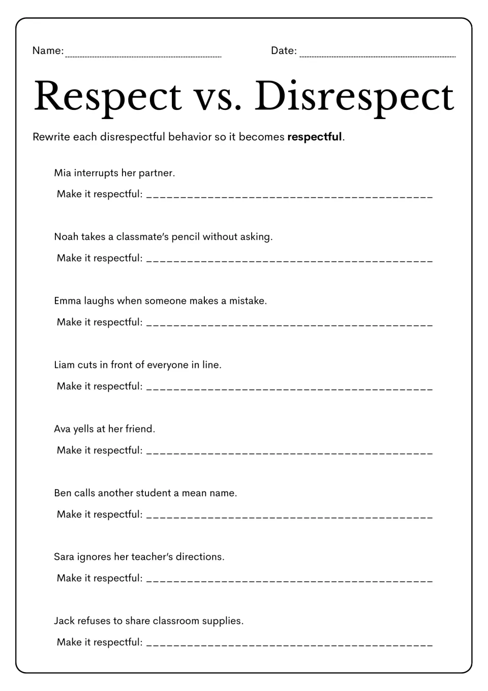Exercise 4: rewrite eight disrespectful behaviors, including interrupting, cutting in line, and yelling