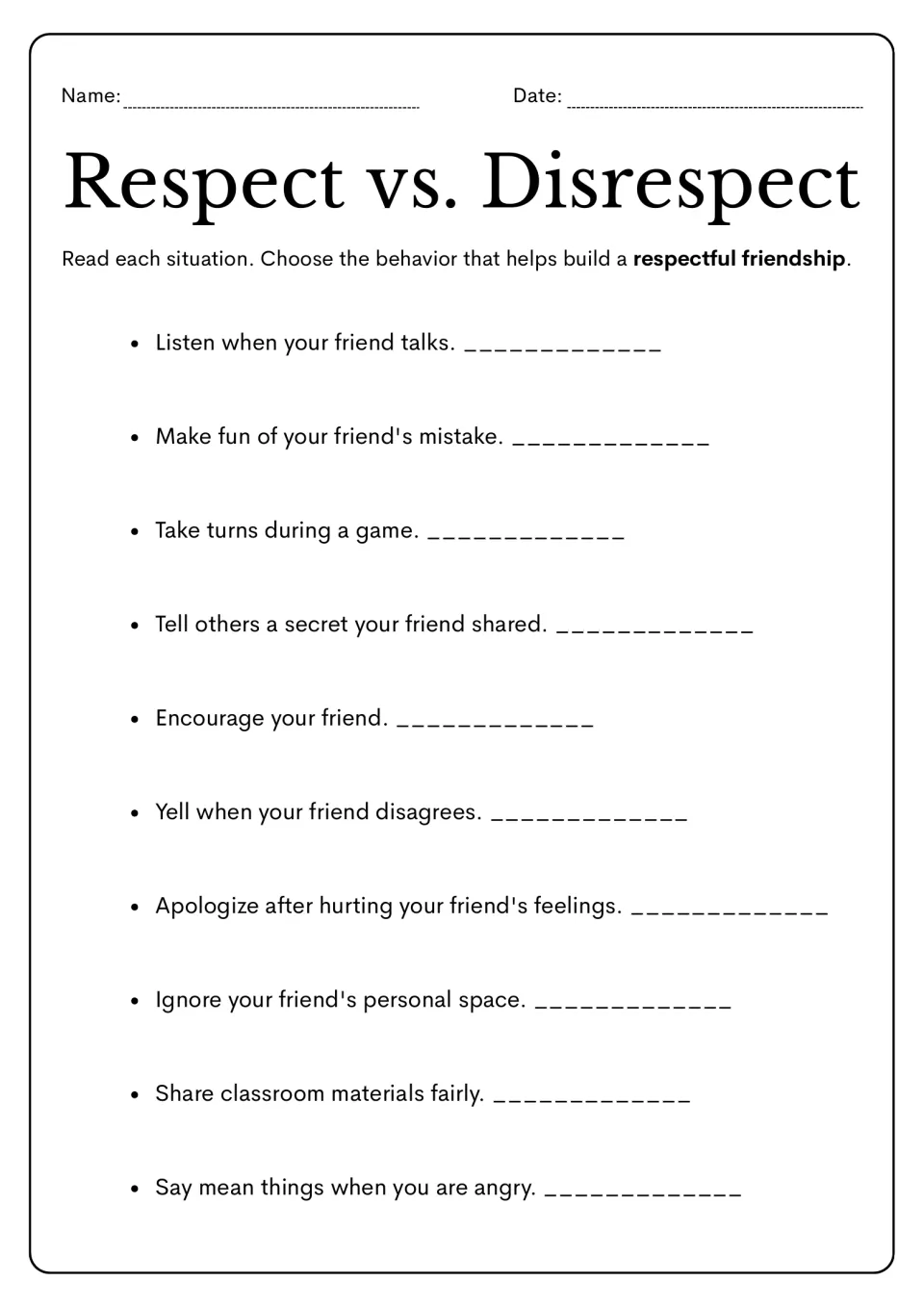 Exercise 5: identify respectful friendship behaviors among 10 examples of listening, sharing, and more