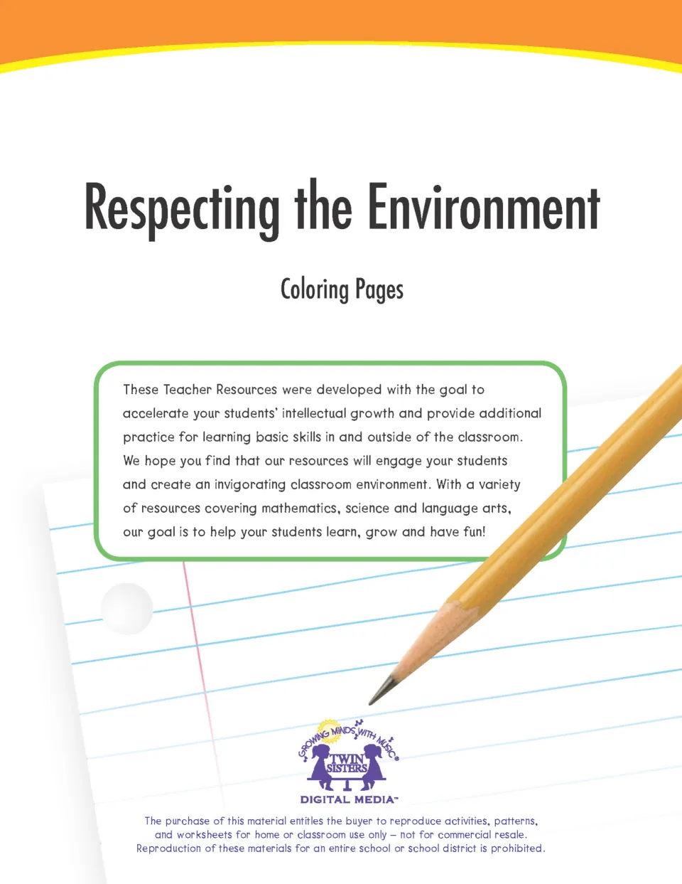 Cover for Respecting the Environment Coloring Pages by Twin Sisters Digital Media, with a teacher note and usage terms