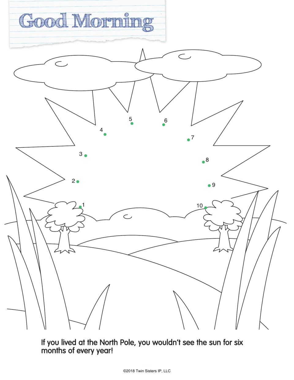 Good Morning: students connect dots 1 to 10 to draw the sun over hills, then color; fact on the North Pole sun
