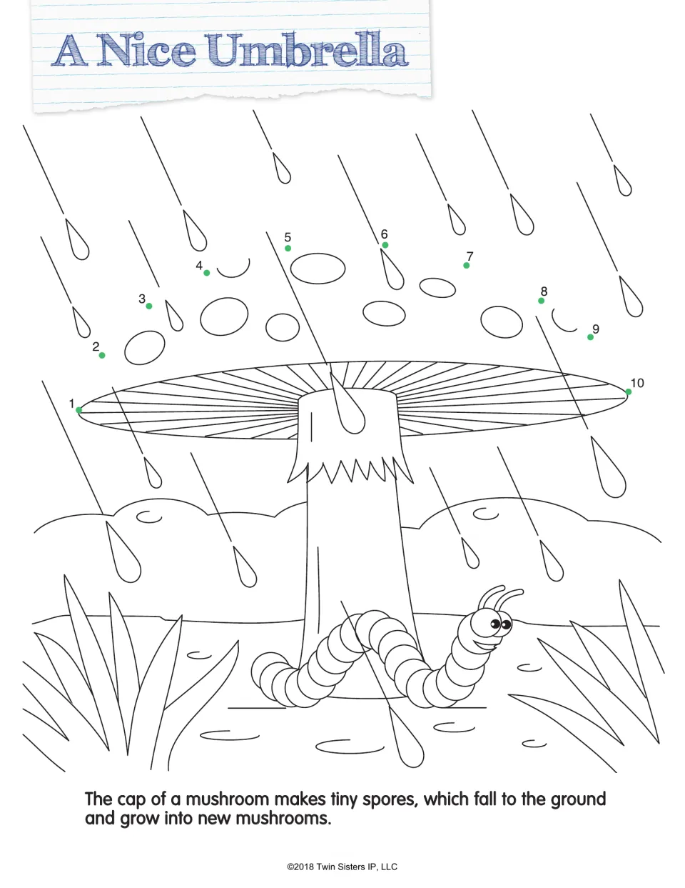 A Nice Umbrella: students join dots 1 to 10 to finish a mushroom cap over a worm in the rain, with a spore fact