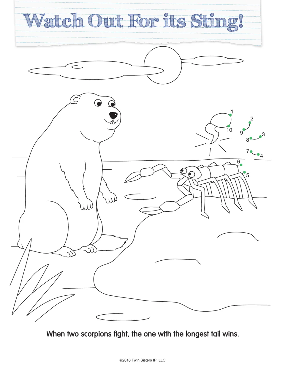 Watch Out For its Sting!: students join dots 1 to 10 to draw a scorpion's tail beside a furry rodent, plus a scorpion fact