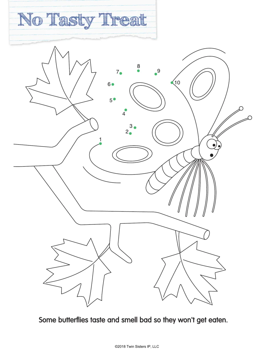 No Tasty Treat: students connect dots 1 to 10 to finish a butterfly wing on a leafy branch; fact on bad-tasting butterflies