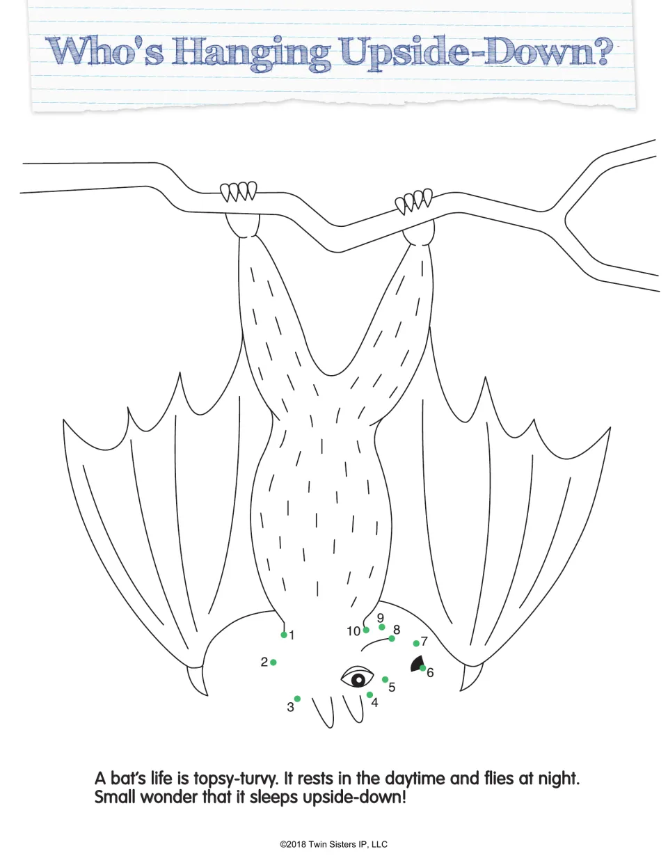 Who's Hanging Upside-Down?: students join dots 1 to 10 to draw a bat's head as it hangs from a branch, with a bat fact