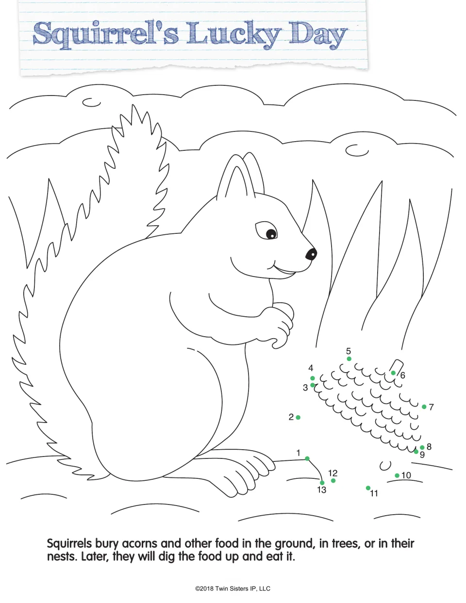 Squirrel's Lucky Day: students connect dots 1 to 13 to draw a pinecone beside a squirrel, plus a fact on burying food