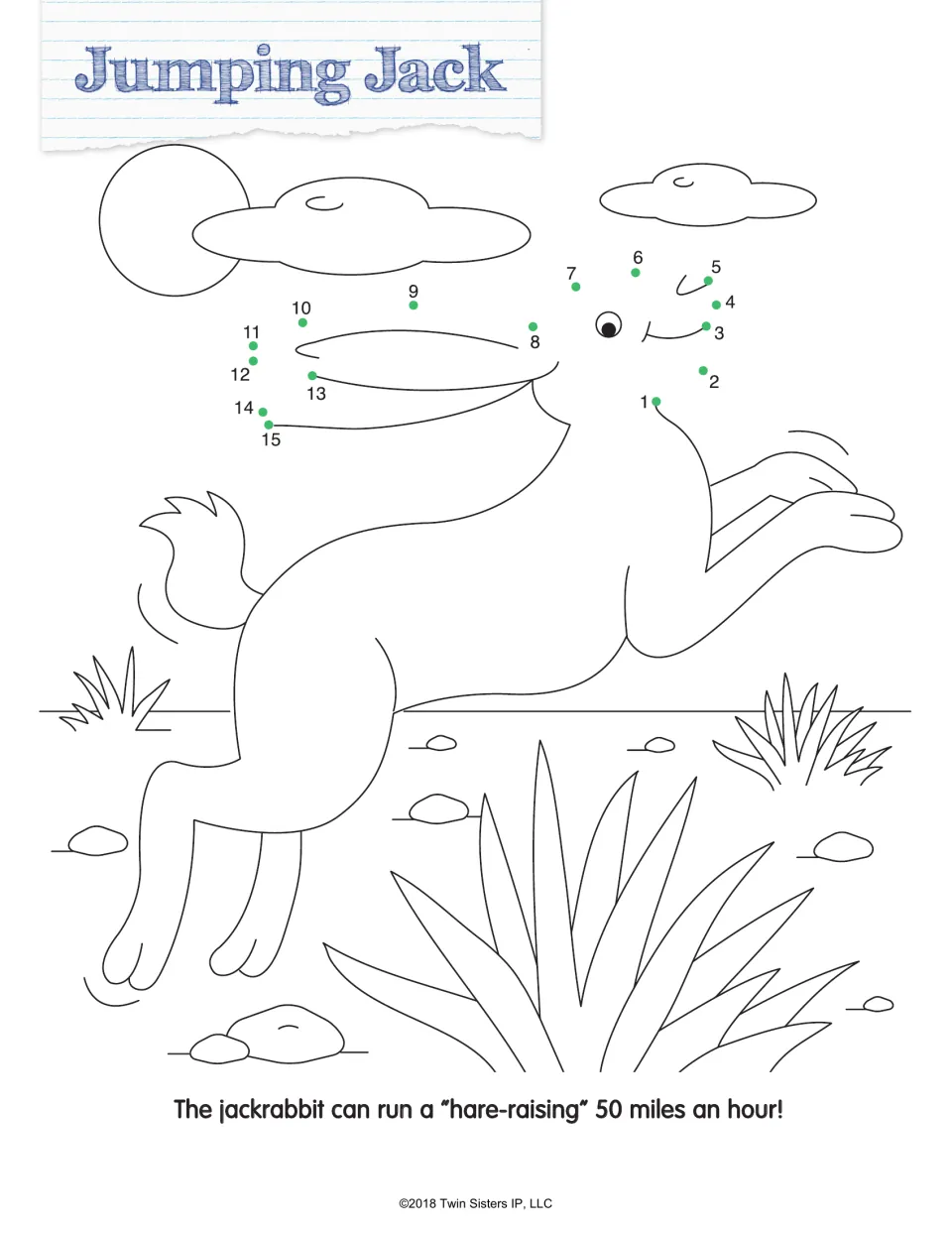 Jumping Jack: students connect dots 1 to 15 to draw the head and ears of a leaping jackrabbit; fact on its 50 mph speed