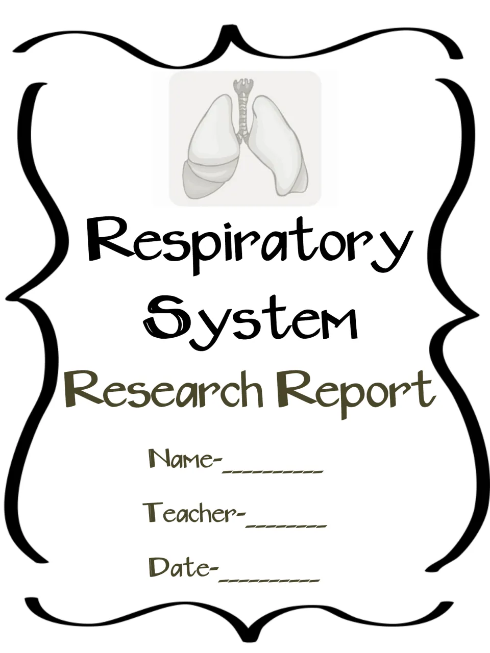 Student title page template: lungs drawing over the report heading, with lines for the student's name, teacher and date