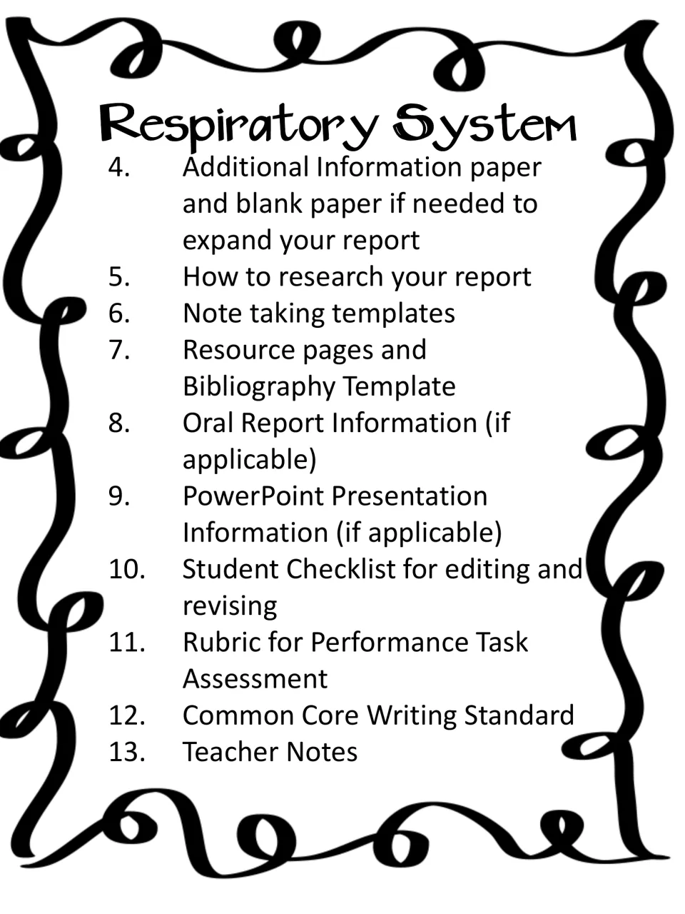 Respiratory report outline 4-13: research help, note-taking, bibliography, oral and PowerPoint info, checklist, rubric