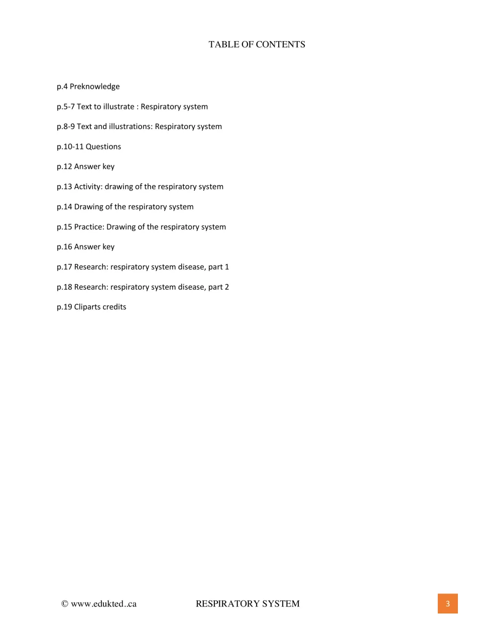 Table of contents listing preknowledge, reading texts, questions, drawing activities, answer keys and disease research