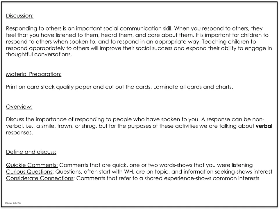 Teacher notes on responding to others: discussion, card prep, overview and definitions of the three verbal response types