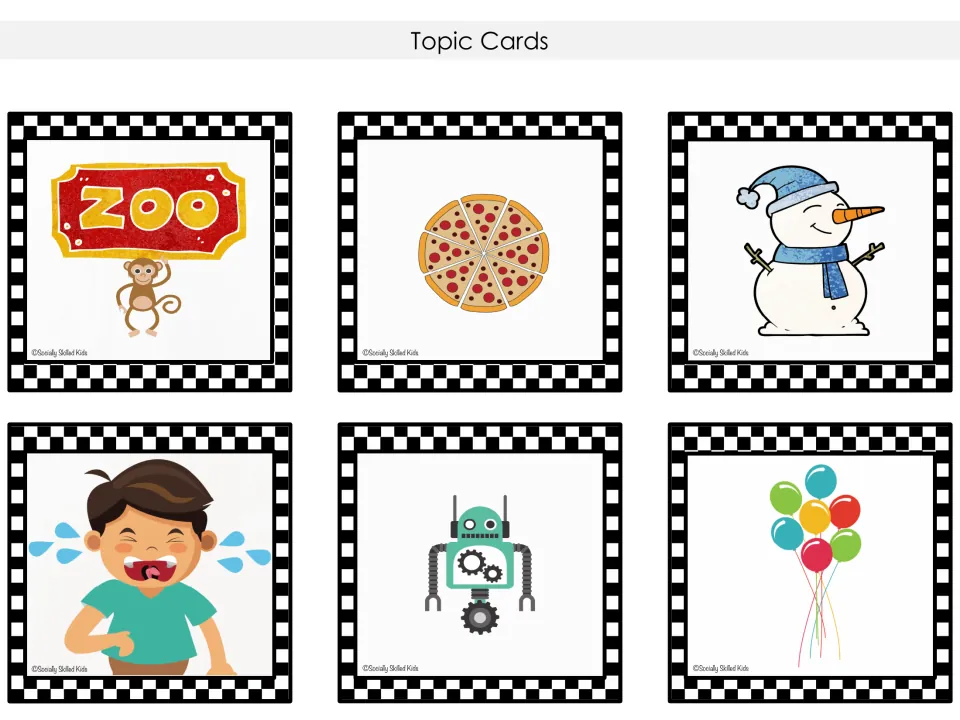 Picture topic cards to respond to: zoo with monkey, pizza, snowman, crying boy, robot and balloons as conversation prompts