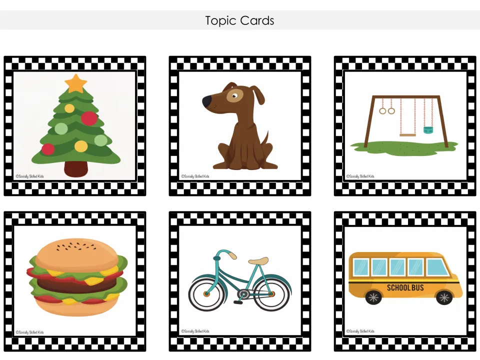 Picture topic cards showing a holiday tree, dog, swing set, hamburger, bicycle and school bus for conversation practice