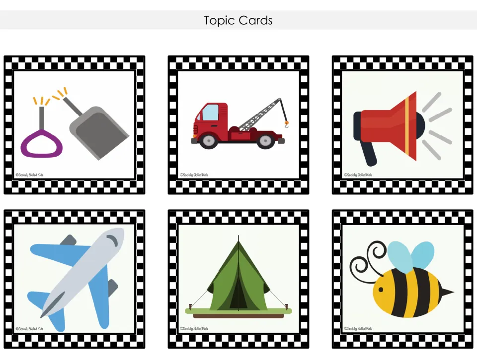 Picture topic cards with gym rings and dustpan, tow truck, megaphone, airplane, tent and bee to prompt verbal responses