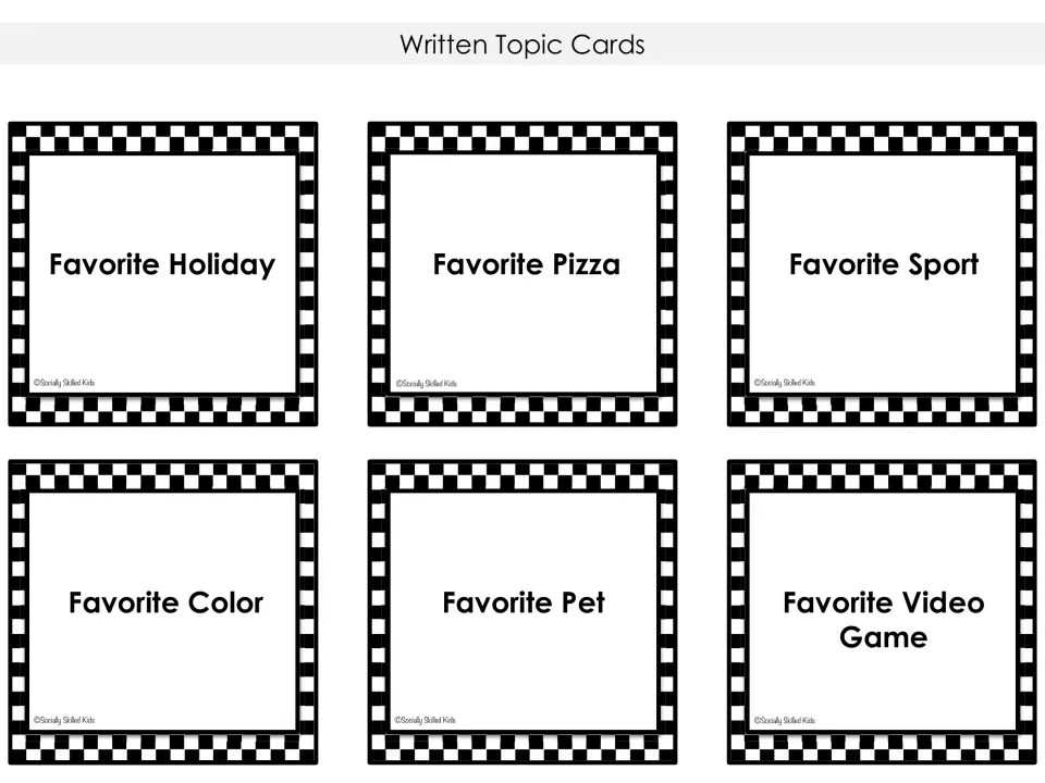 Written topic cards on favorites: holiday, pizza, sport, color, pet and video game for students to share and respond to