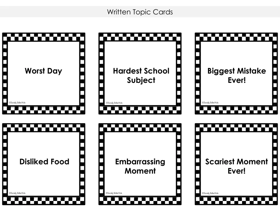 Written topic cards on tough experiences: worst day, hardest subject, biggest mistake, disliked food and scariest moment