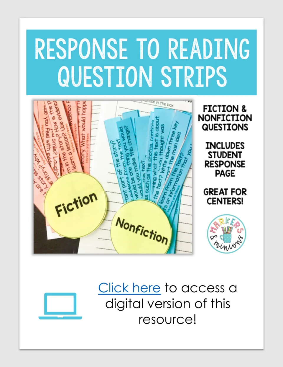 Response to Reading Question Strips cover: photo of pink fiction and blue nonfiction strips, plus a student response page