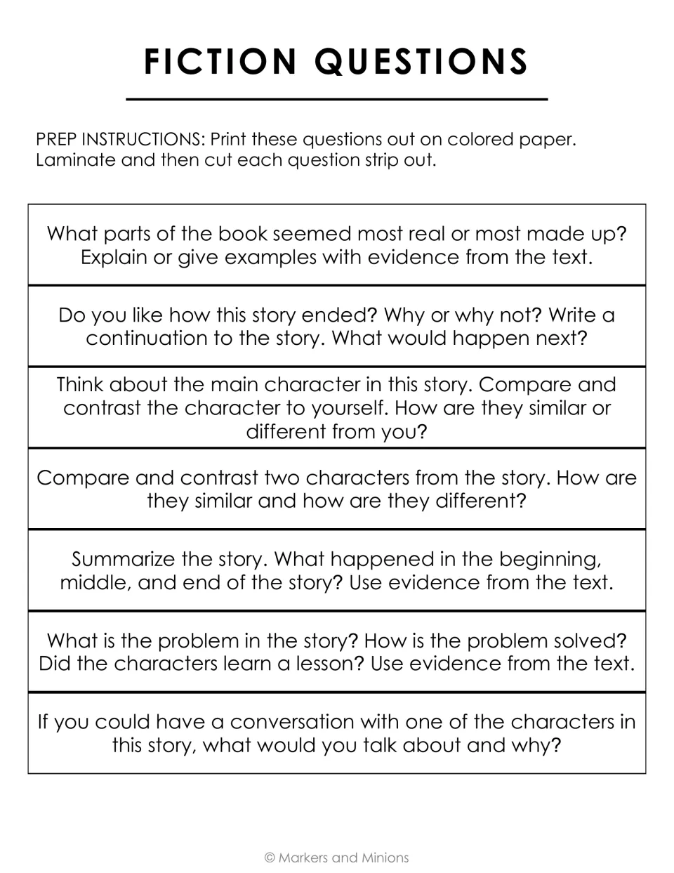 Fiction questions: seven strips asking students to summarize, compare characters, explain the problem and use text evidence