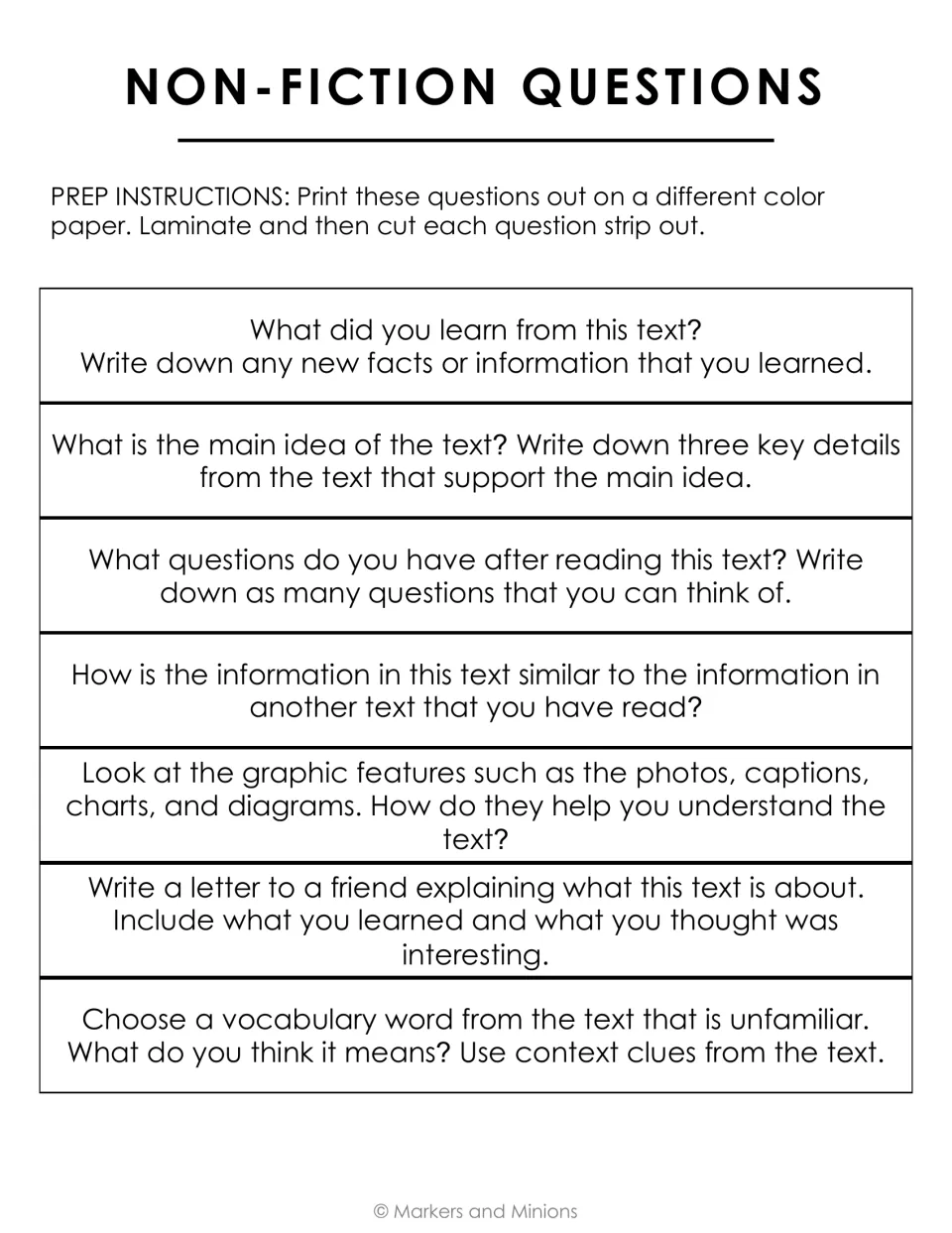 Non-fiction questions: seven strips on main idea and key details, graphic features, new facts and context clues