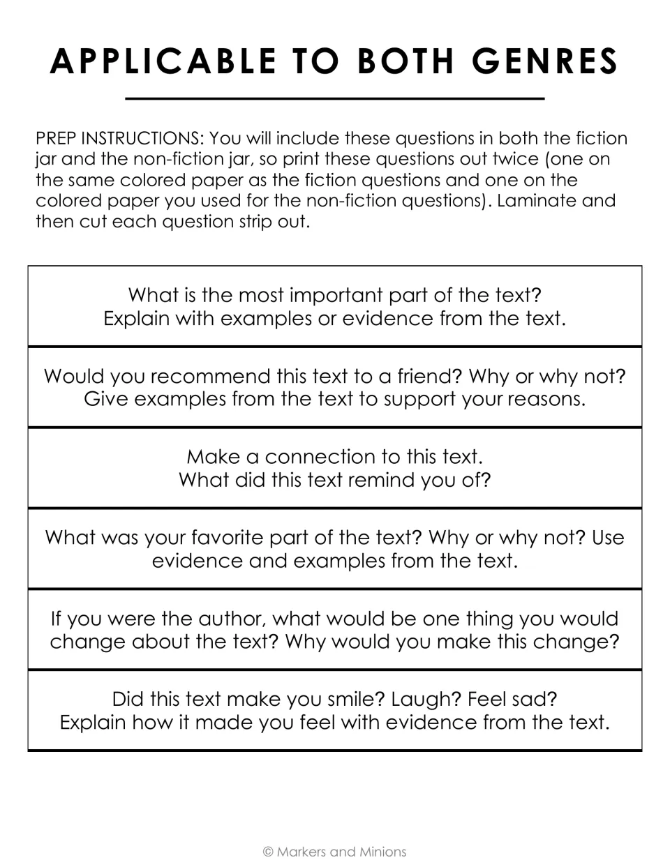 Questions for both genres: six strips on favorite part, making connections, recommending the text and feelings