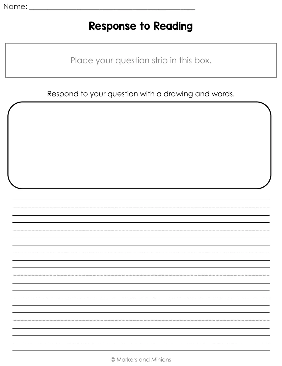 Response to Reading sheet: students place their question strip at the top, then answer with a drawing and written sentences