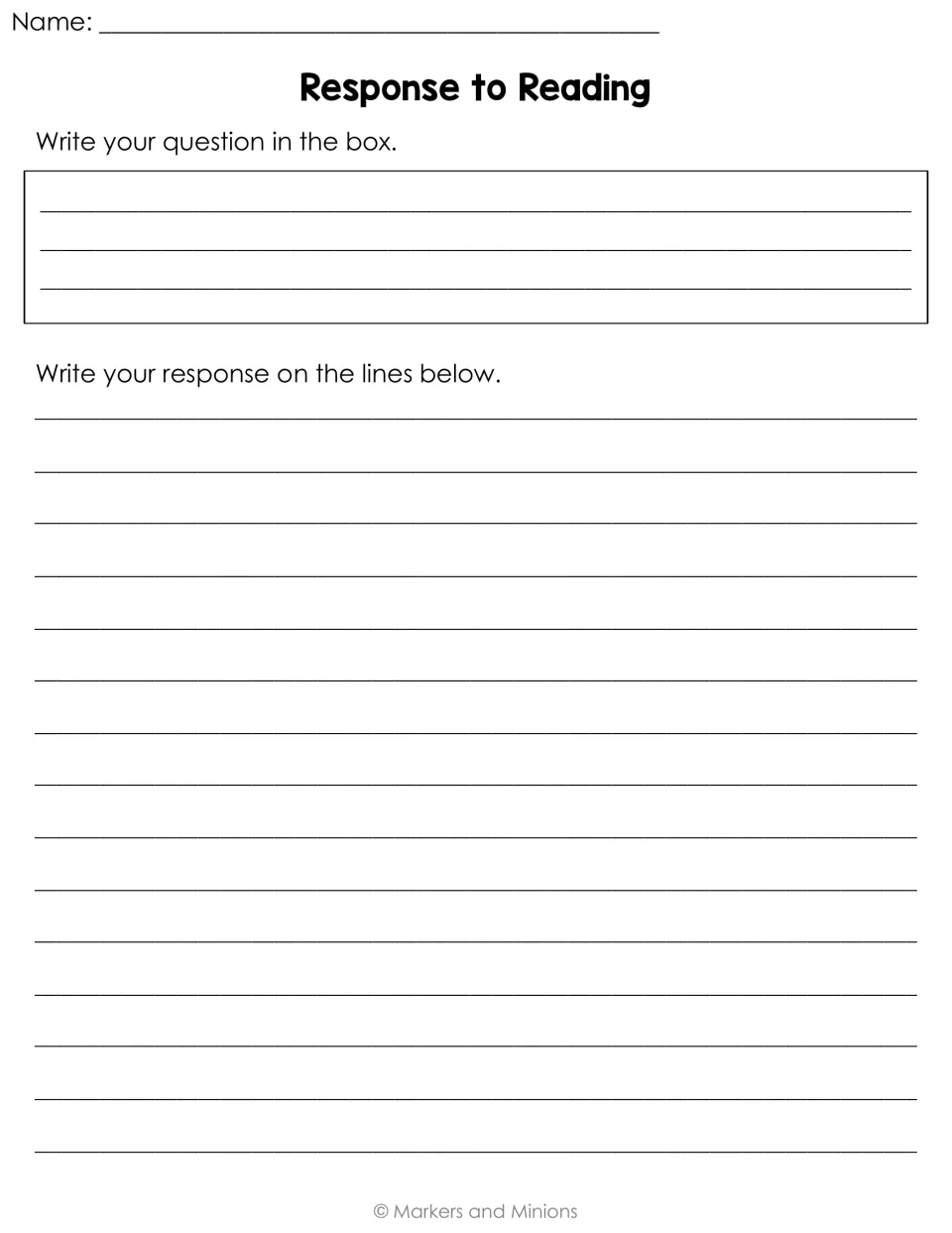 Written response sheet: students copy their reading question at the top, then write their answer below