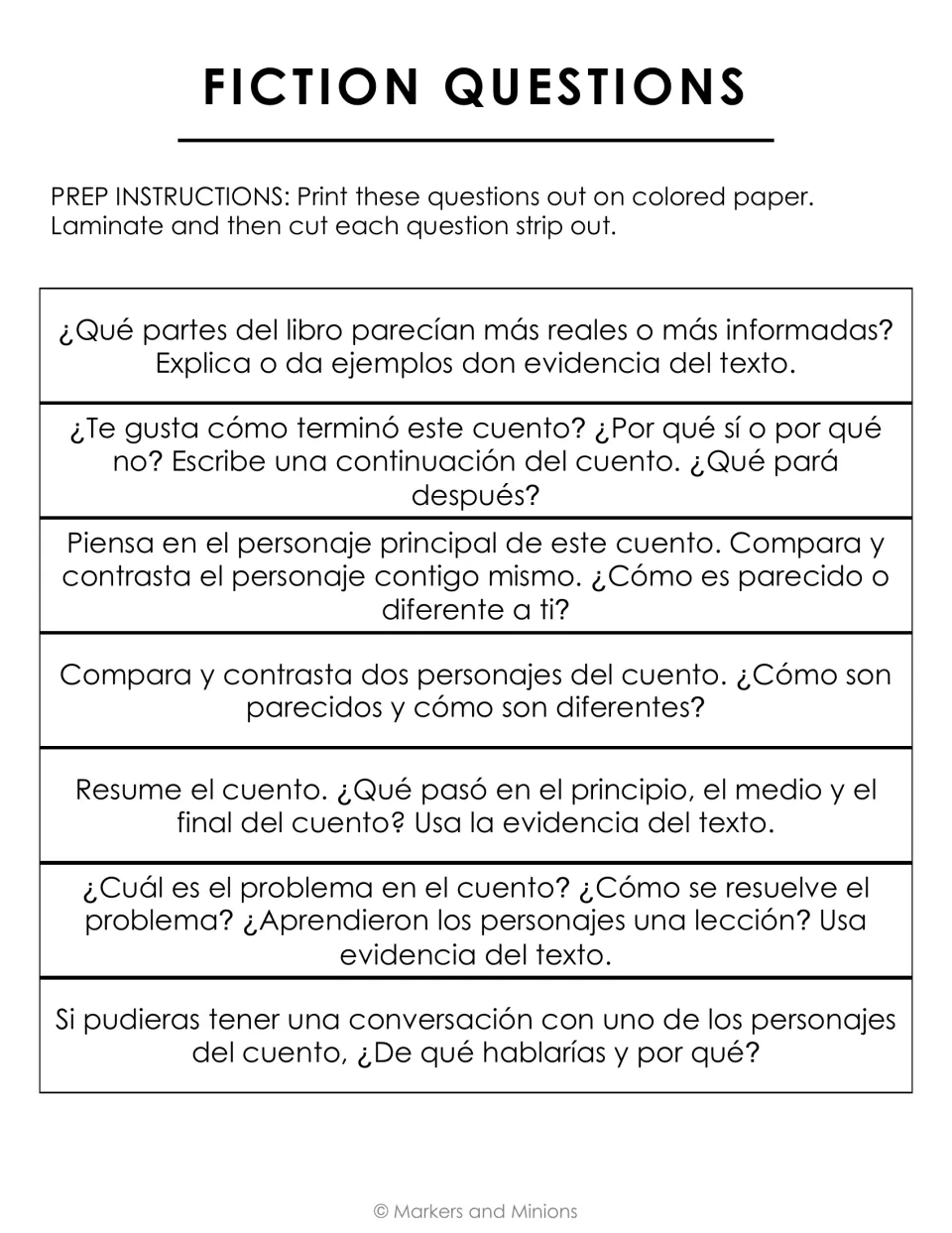 Spanish fiction questions: seven strips asking students to summarize the story, compare characters and cite text evidence