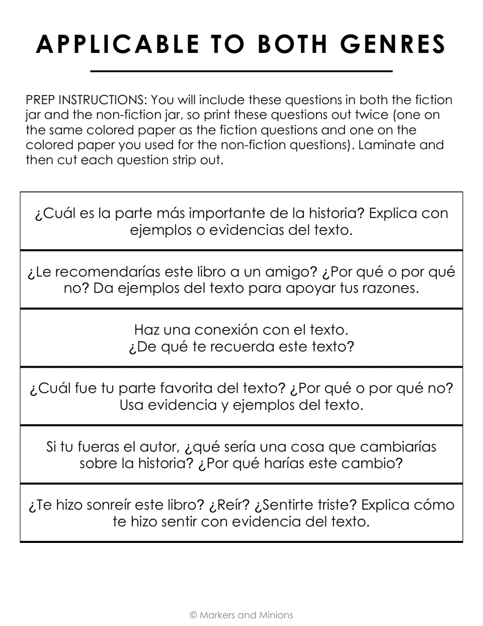 Spanish questions for both genres: six strips on favorite part, text connections, recommending the book and feelings