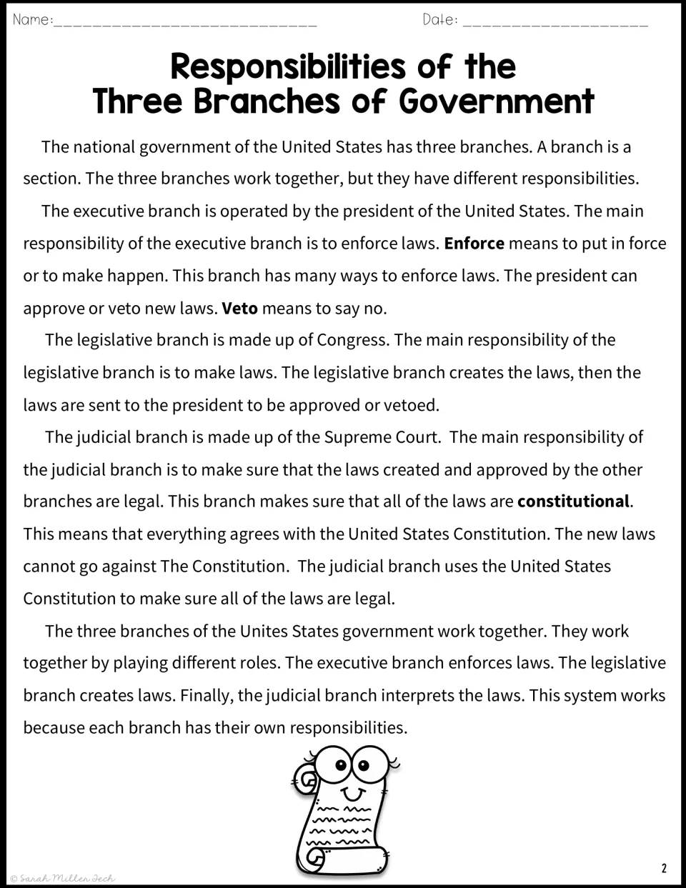 Reading passage explaining how the executive, legislative, and judicial branches carry out different duties