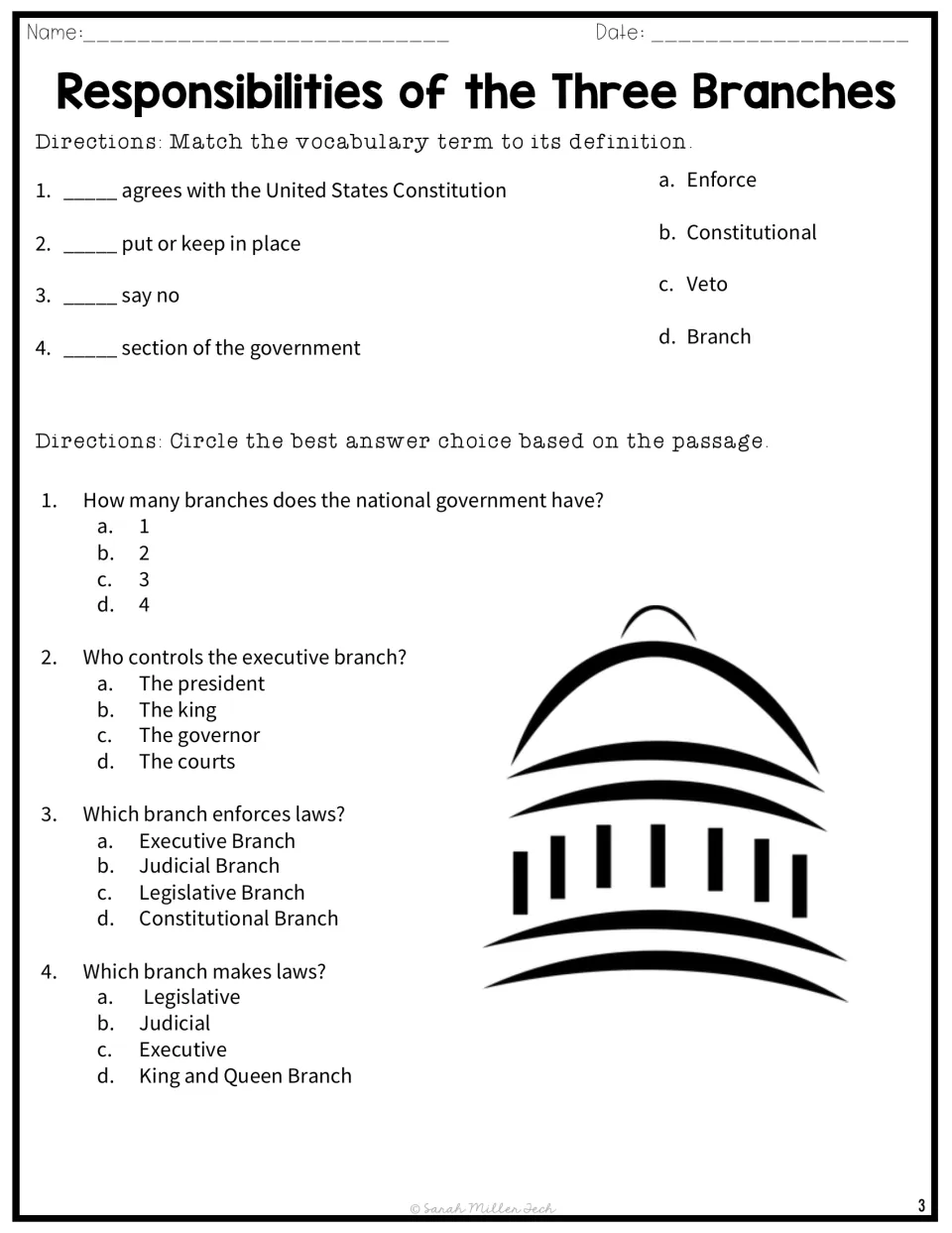 Vocabulary matching for enforce, constitutional, veto, and branch, followed by comprehension questions 1–4