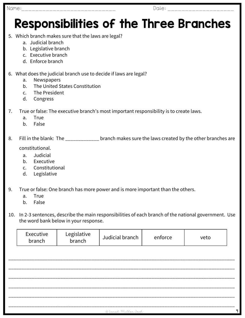 Comprehension questions 5–10 about branch responsibilities, including a written response using a word bank