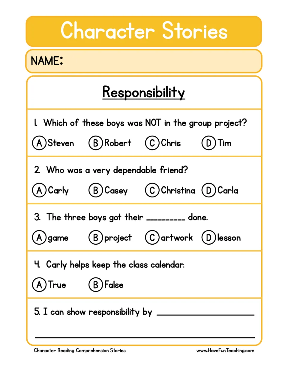 Responsibility questions: students answer four multiple-choice recall items, then complete "I can show responsibility by"