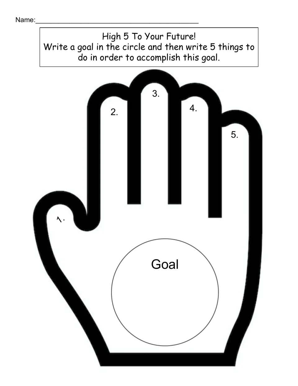 High 5 To Your Future goal planning: students write a goal in a hand's palm and 5 steps to reach it on the fingers