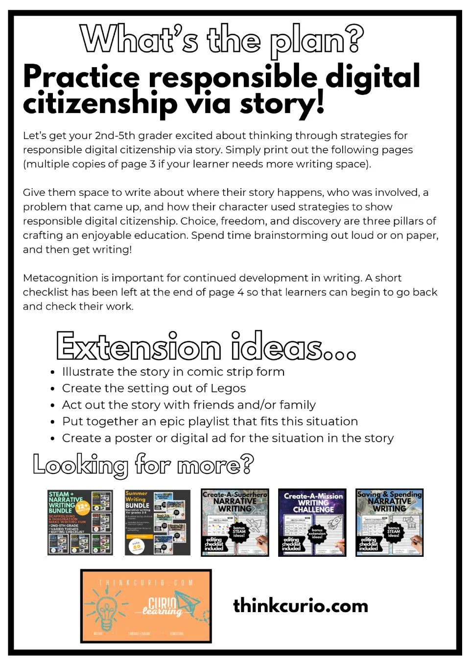 Digital citizenship story plan: directions to brainstorm and write a story, plus extension ideas like a comic strip