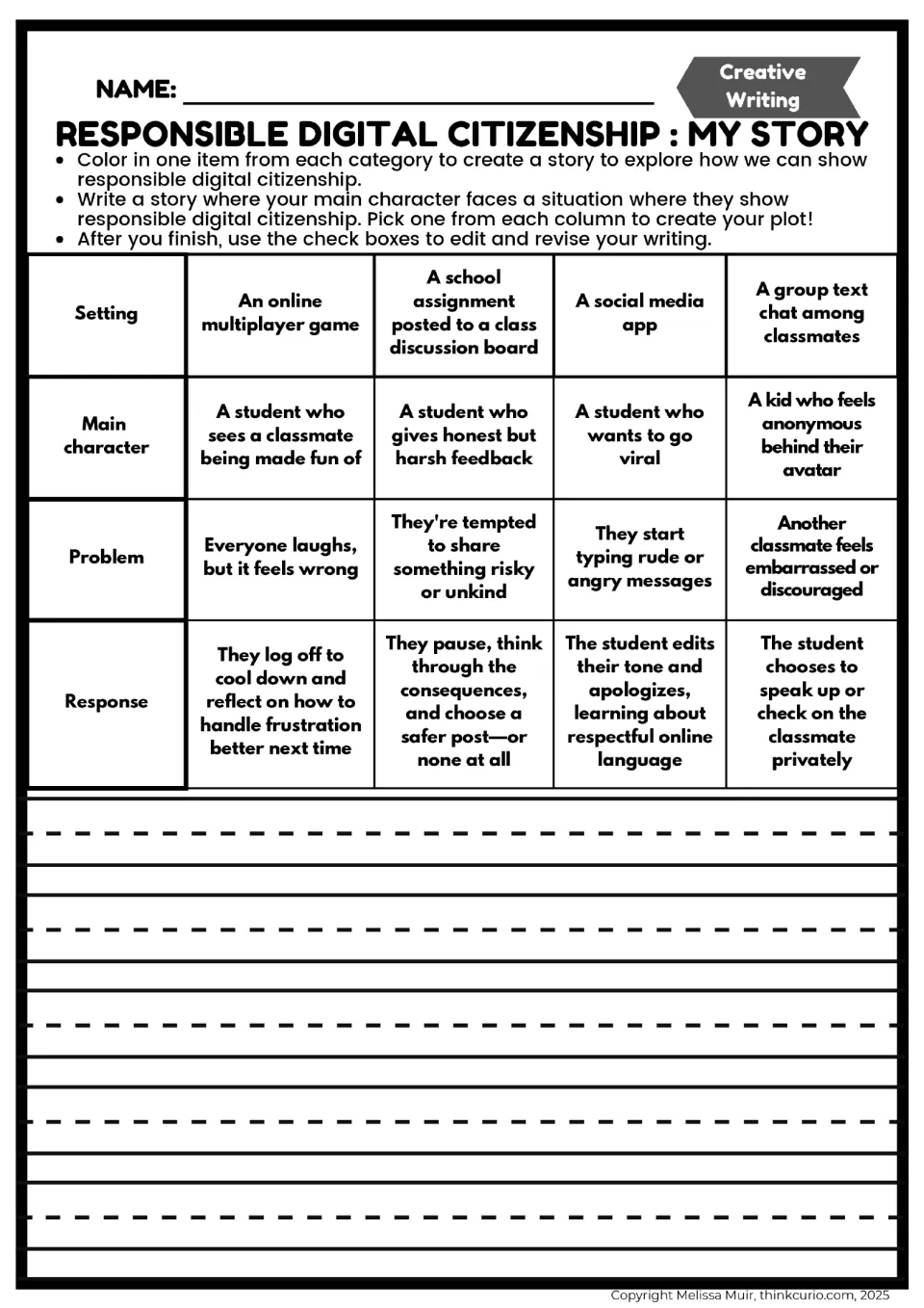 Digital citizenship My Story planner: students color one setting, character, problem and response, then begin writing