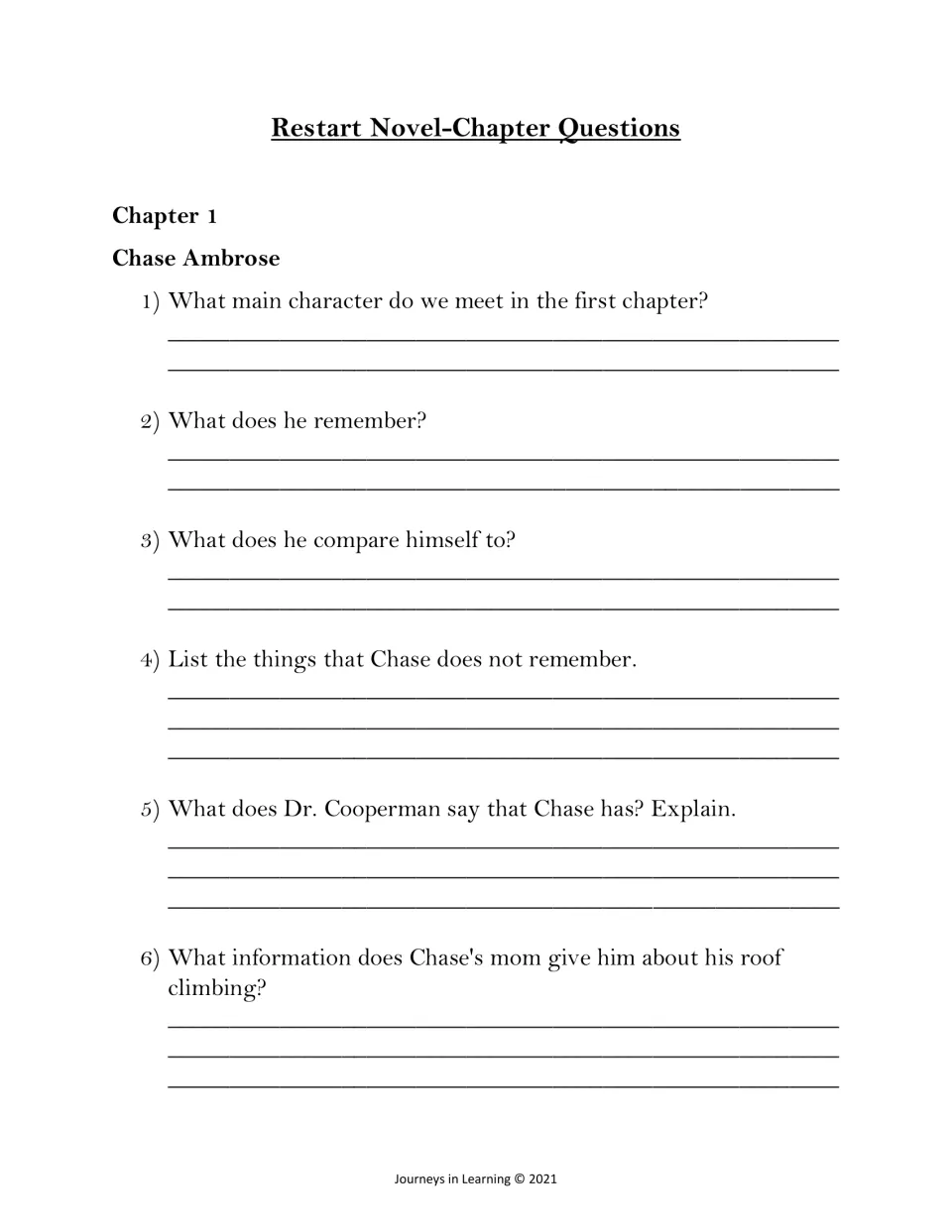 Chapter 1 questions on Chase Ambrose: students write answers about what he remembers, Dr. Cooperman and roof climbing