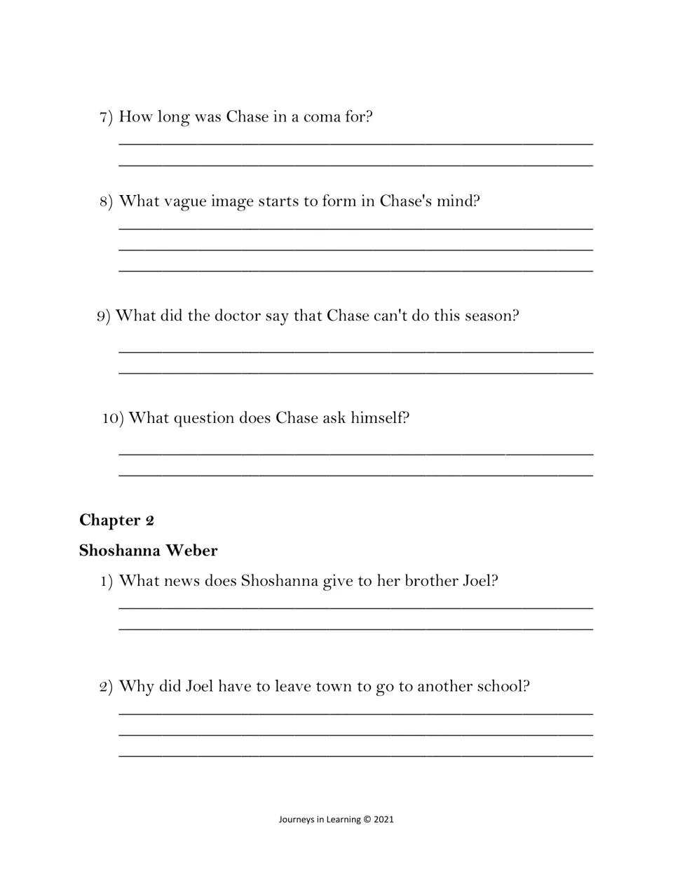 Chapter 1 questions 7-10 on Chase's coma, then Chapter 2 on Shoshanna Weber: her news for Joel and why he changed schools