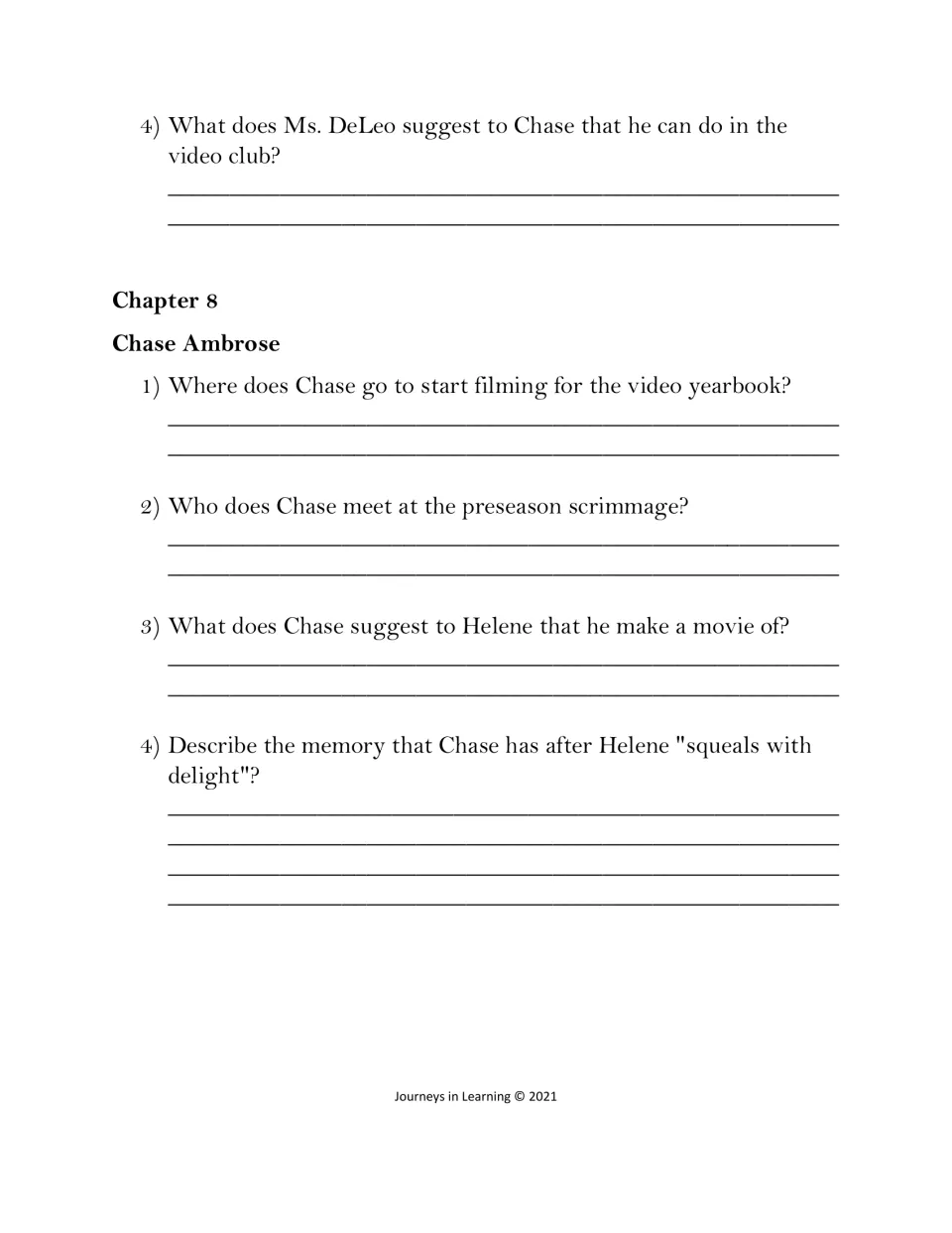 Chapter 8 questions on Chase filming the video yearbook, the preseason scrimmage and a memory sparked by Helene's squeal