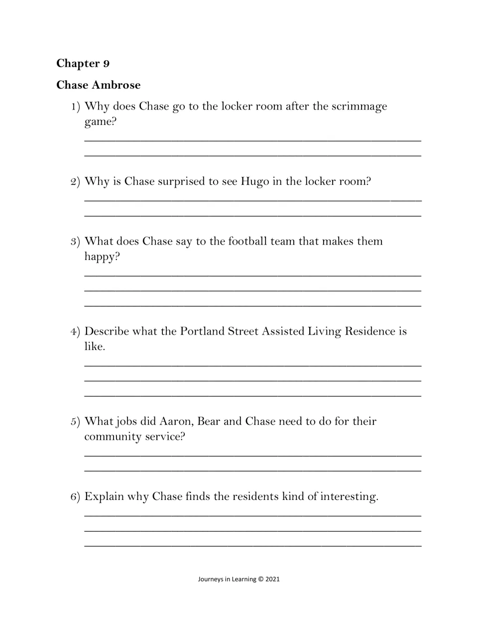 Chapter 9 questions on the locker room after the scrimmage and community service at Portland Street Assisted Living
