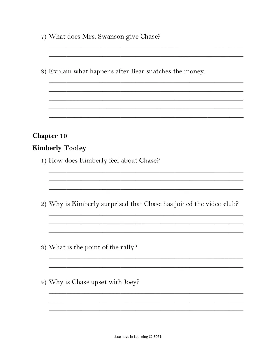 Chapter 9 questions on Mrs. Swanson and Bear taking money, then Chapter 10 on Kimberly Tooley's view of Chase and the rally