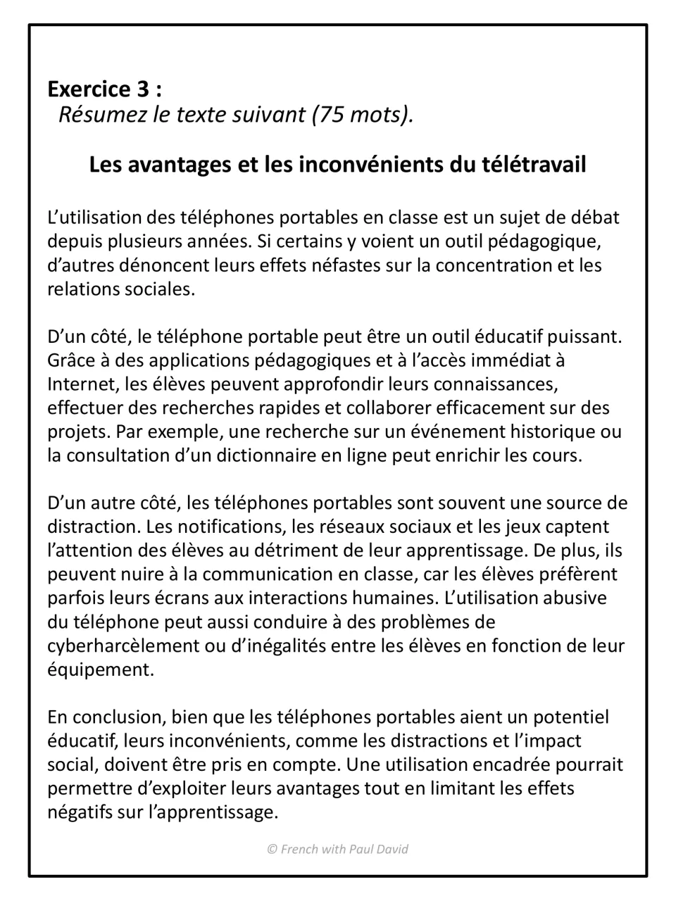 French summary writing, Exercice 3: students summarize an argumentative text on phones in class in 75 words